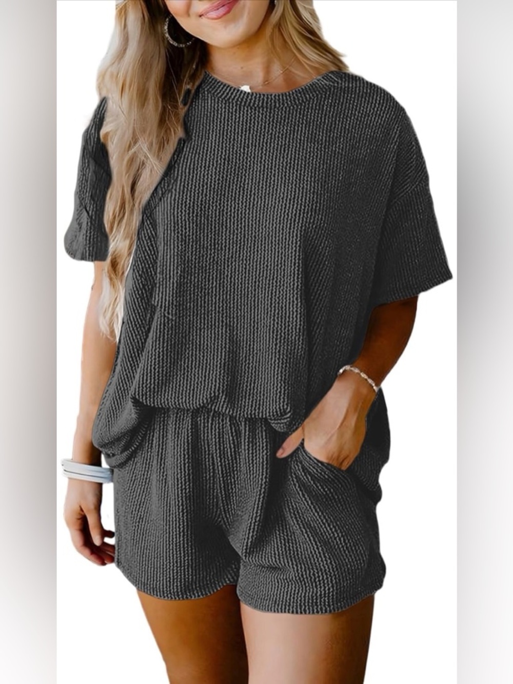 Textured Knit Two-Piece Matching Lounge Set with Pockets in Charcoal Gray